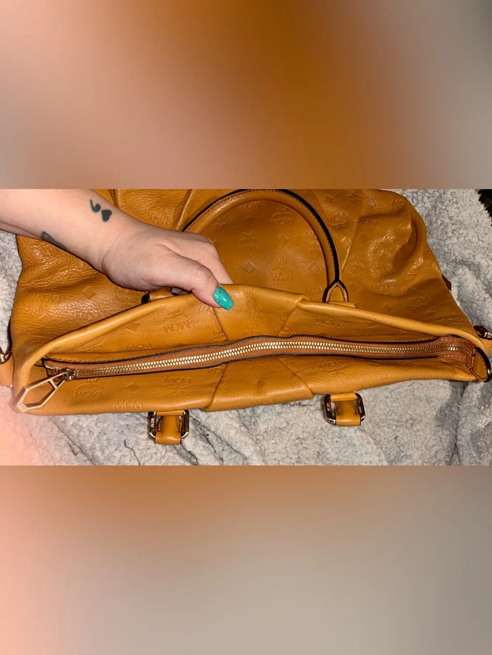 MCM Cognac Embossed Full Leather Tote with Top Handles & Long Strap - LIKE NEW
